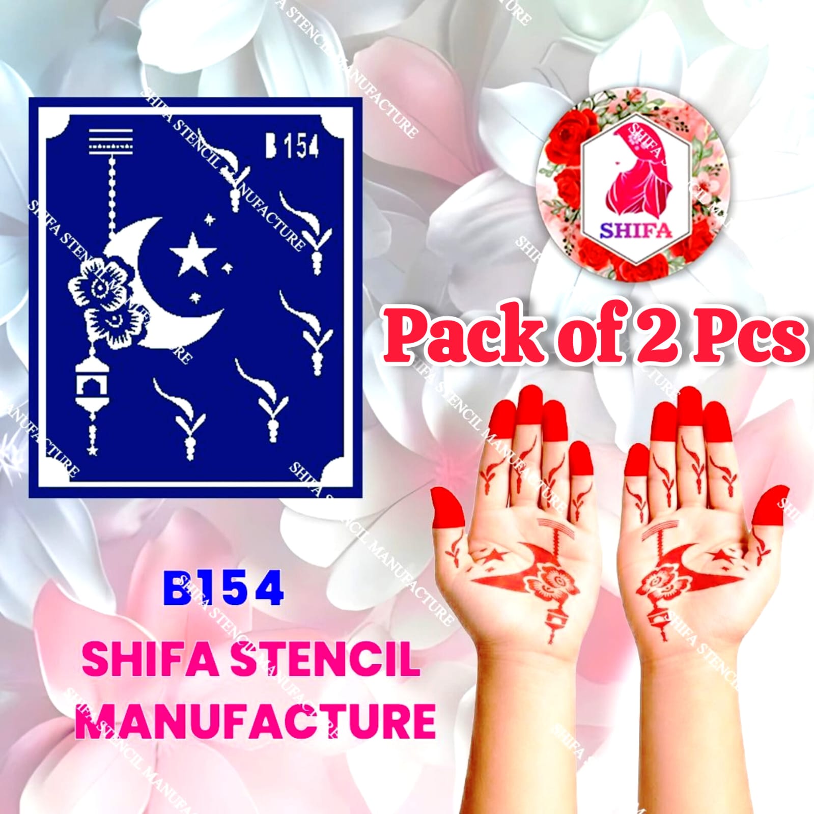 B154 (age 5 to 10) Moonlit Petal Whisper Double Hand Henna Stencil - Shifa Stencil